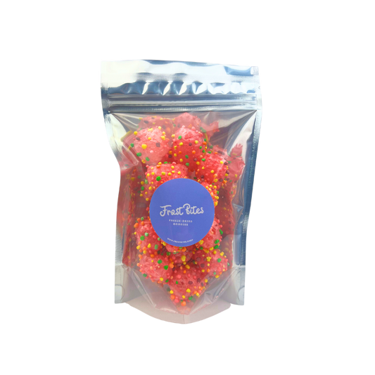 A bag of Frost Bites - Freeze Dried Goodies Gummy Geeks with red and blue sprinkles.