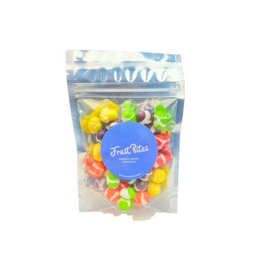 A bag of colorful freeze-dried Sweet & Tart candies in a clear bag from the brand Frost Bites - Freeze Dried Goodies.
