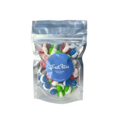 A bag of The Rainbow Skits by Frost Bites - Freeze Dried Goodies in a clear plastic bag.