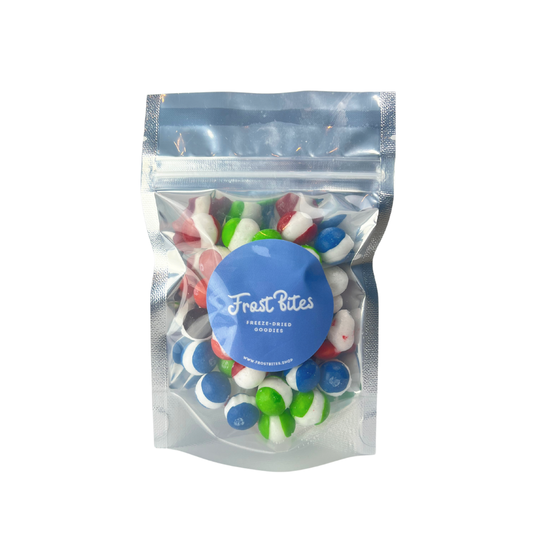 A bag of The Rainbow Skits, a variety of fruit flavors, in a clear plastic bag.