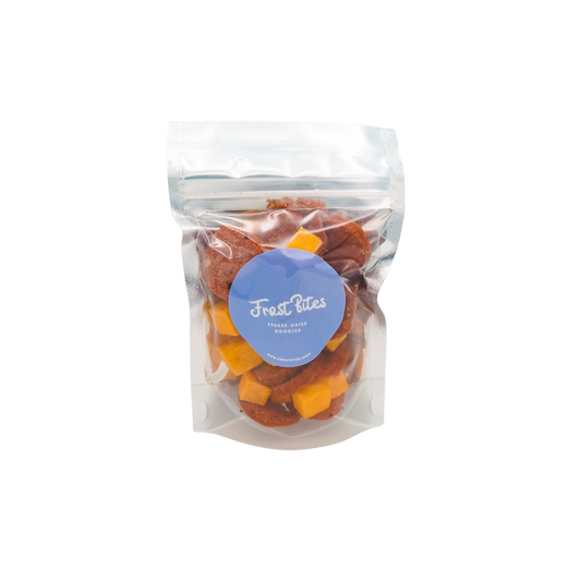 A bag of The Cheese & Sausage Bites, freeze-dried and dehydrated healthy snack in a plastic bag from Frost Bites - Freeze Dried Goodies.