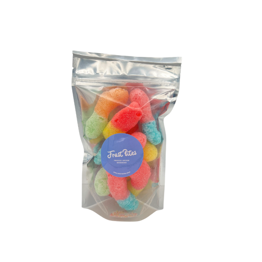 The Frost Bites - Freeze Dried Goodies, Sour Worms in a bag on a white background.