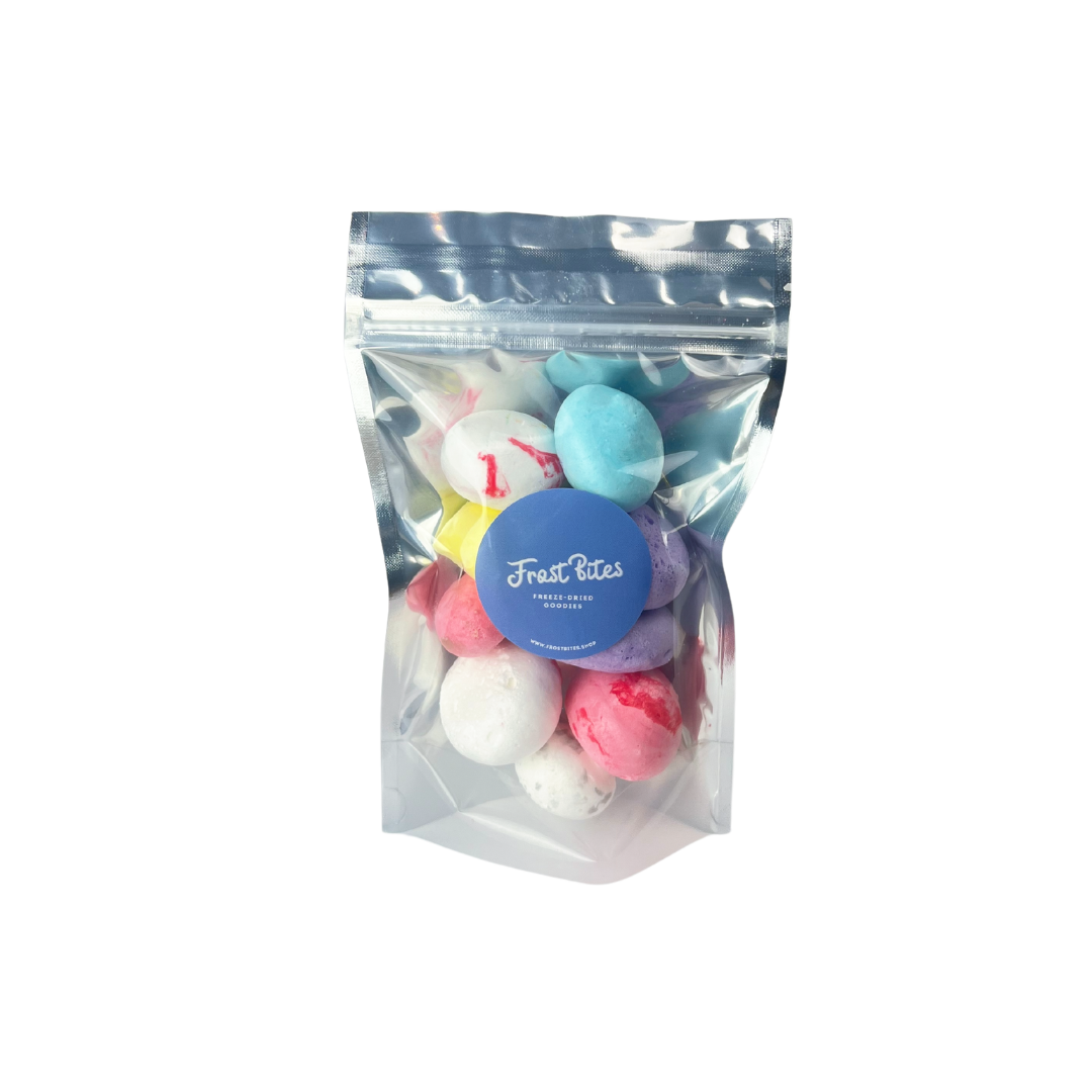 A bag of The Fluffy Taffy Variety Pack in a clear bag filled with fruity flavors from Frost Bites - Freeze Dried Goodies.